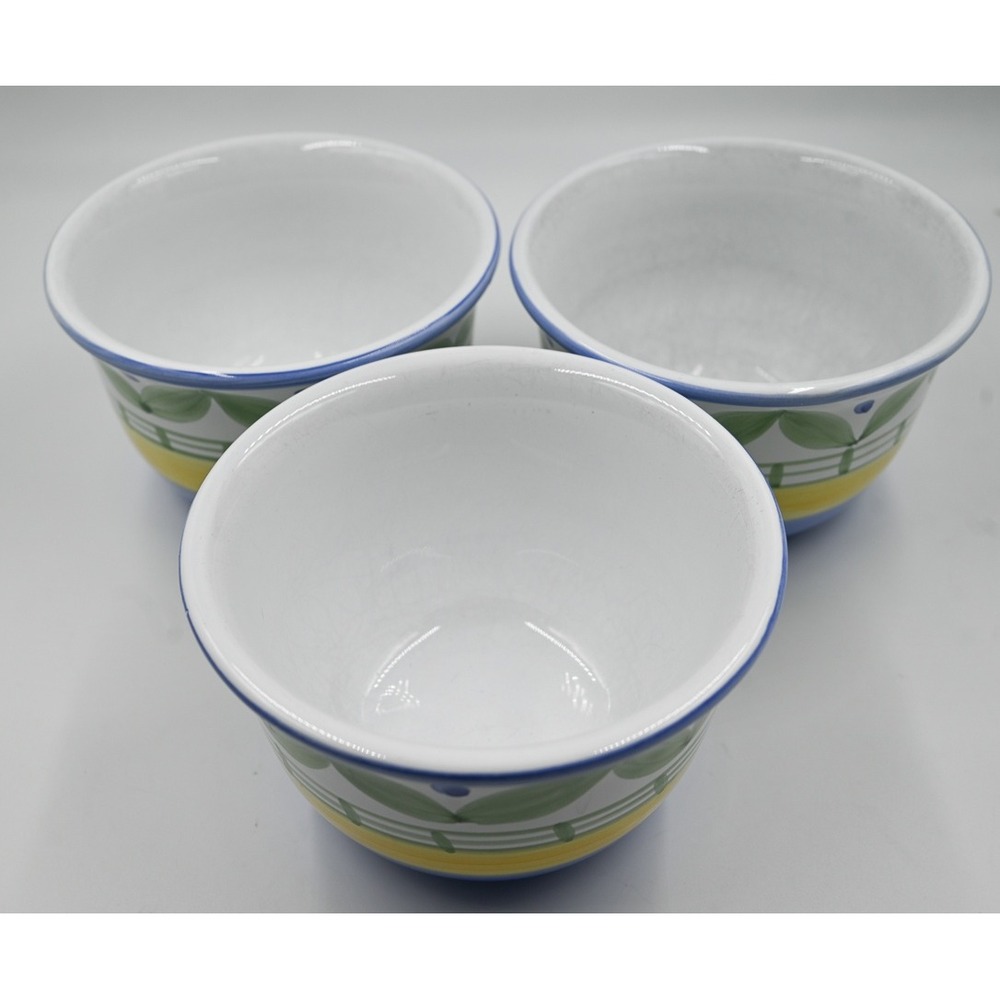 Williams Sonoma Italy Hand Painted Ceramic Bowls Set of 3 Blue Yellow Green Leaf